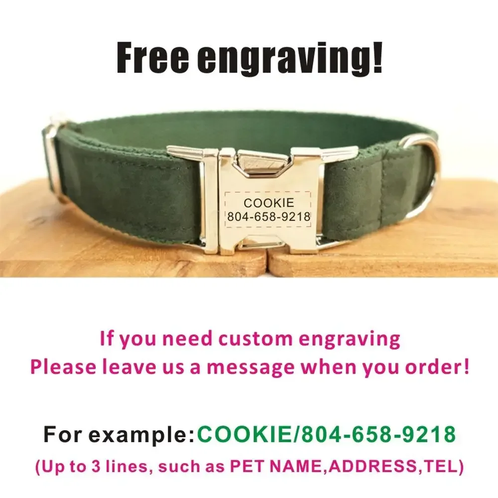 Personalized Pet Collar Customized Nameplate ID Tag Adjustable Soft Green Suede Fabric Cat Dog Collars Lead Leash