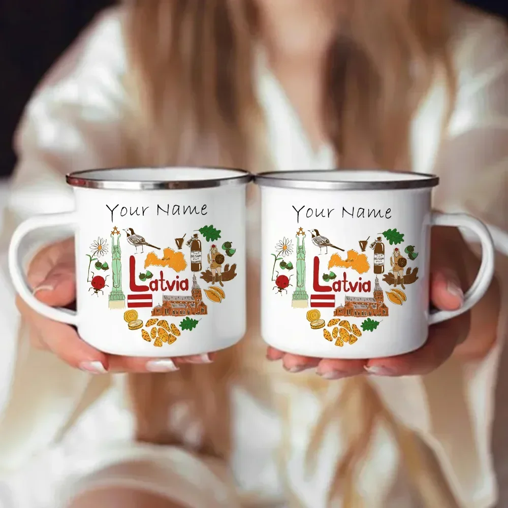 Personalized Latvian Enamel Metal Mug Custom Cups and Mugs Exclusive Mug With Your Name Printed Funny Coffee Cups Camping Cup