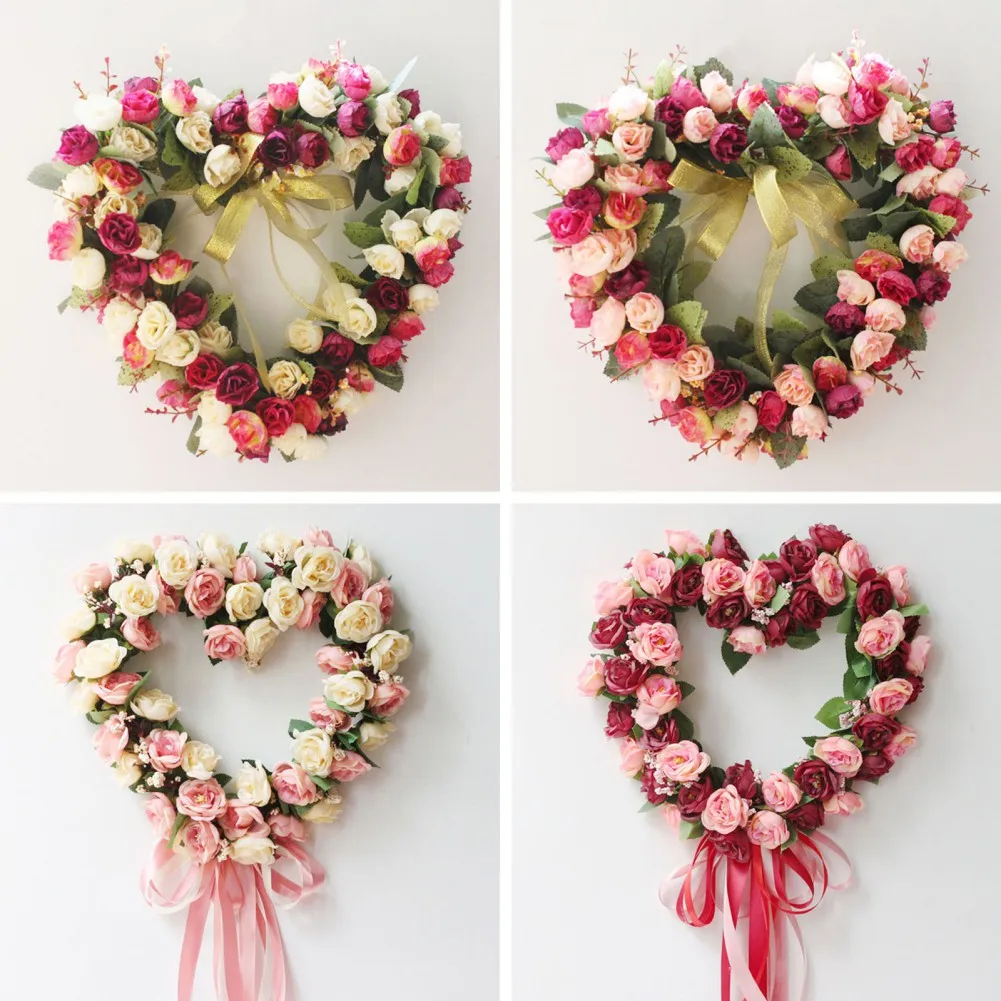 Valentines Wreath For Front Door Heart Shape Artificial Rose Flower Garland Silk Fake Peony Wedding Wall Hanging Decoration