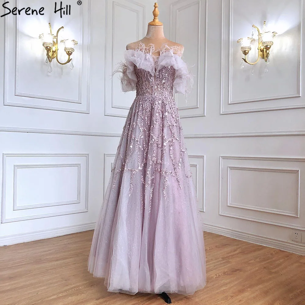 Serene Hill Customized Arabia Grey A-Line Evening Dresses Gowns 2024 Beaded Feather Sparkle Formal Women Party LA71328