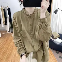 2023 Spring and Autumn Solid Color Retro Standing Neck Loose Casual Fashion Versatile Slim Long Sleeve Oversize Women's Shirt