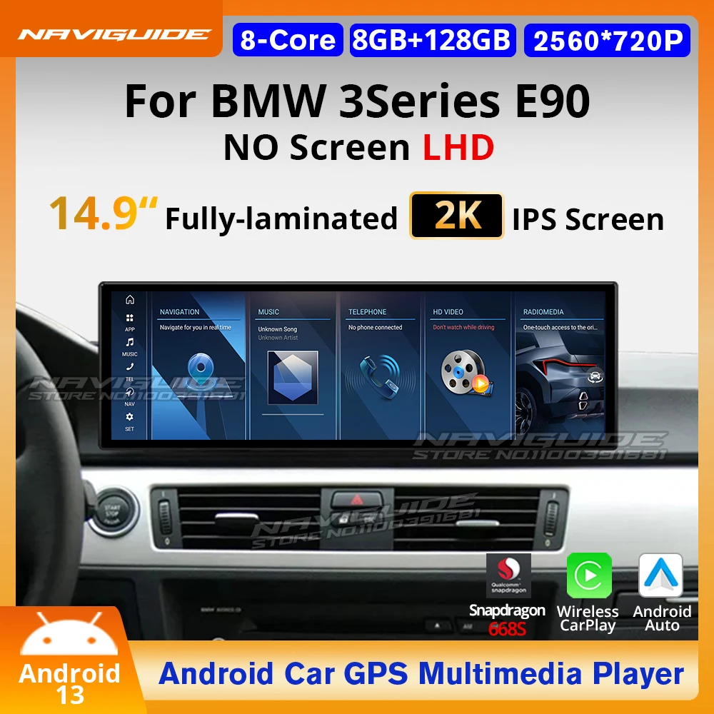 NAVIGUIDE 14.9'' Android13 Wireless CarPlay Auto For BMW 3 Series E90 NO Screen LHD 2006-2010 Car Multimedia Player GPS Headunit