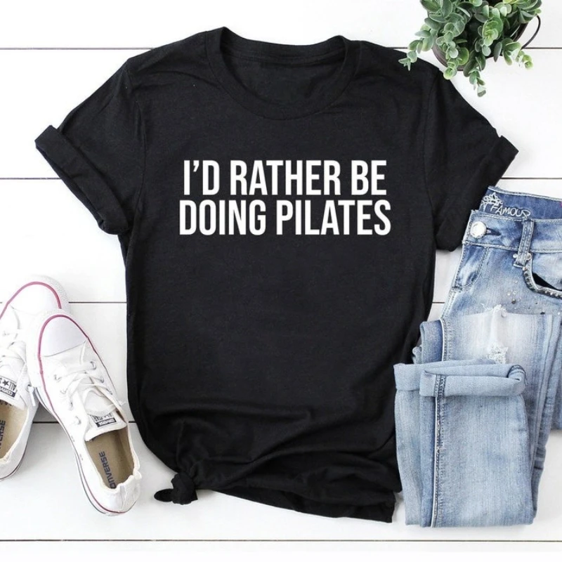 I'd Rather Be Doing Pilates Cotton T-shirt Funny Shirts for Women Workout Yoga Crew Neck Short Sleeve  All Seasons Casual Soft