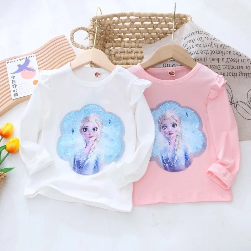 Disney Tee Shirt Quality Cotton Girl Clothing Long Sleeves for Children T-shirt Girls Long Sleeve Kids Tops Frozen Elsa Clothes