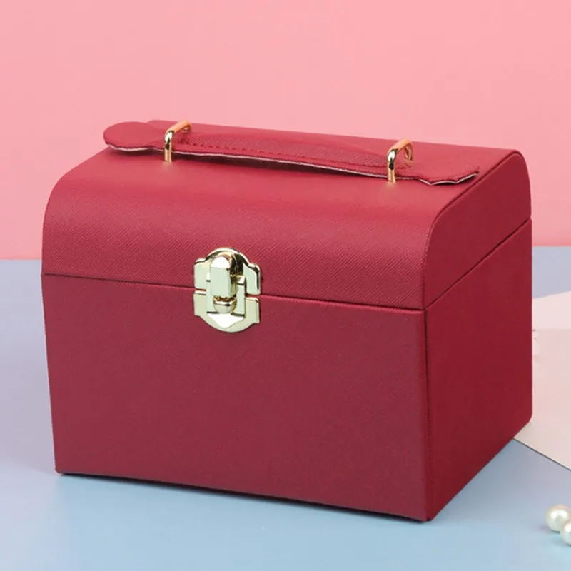 AB33-Luxury Pu Leather Wine Red Jewelry Box-Three-Layer Storage In Chinese Style For Bracelets, Rings, Necklaces, Earrings
