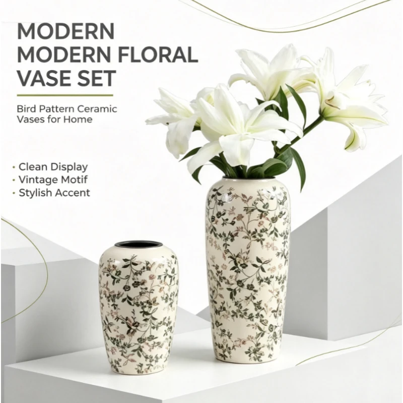Vintage Floral Ceramic Vase, Rustic Style for Fresh & Dried Flowers, Home Decor for Living Room & Tabletop