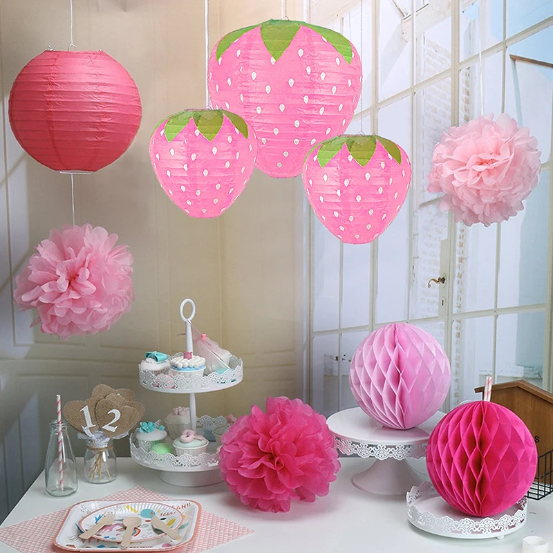 New-3D Strawberry Paper Lanterns for Birthday Baby Shower Party Decoration Hanging Strawberry Ornament Garden Background Decor