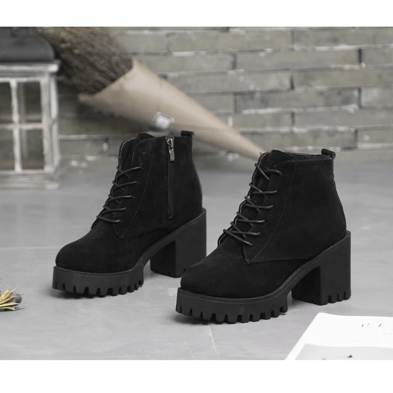 Wome\'s Boots Suede Ankle Boots Square Heels Ladies Lace Up Plush Zipper Shoes Woman Fashion Casual Boots Female Winter Footwear