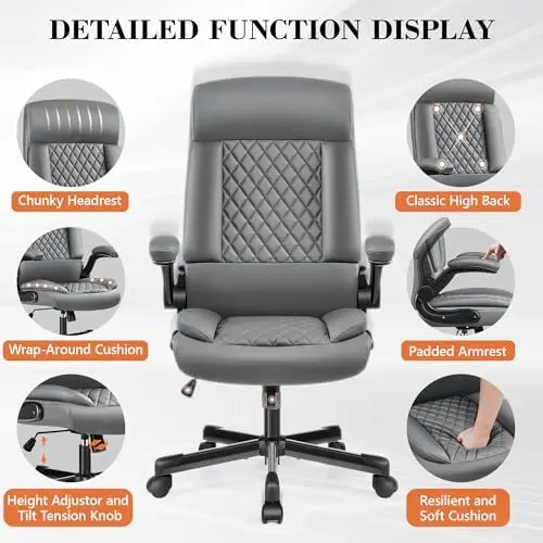 Office Chair - Executive Leather Office Chair with Wheels, High Back Ergonomic Big and Tall Office Chair with Flip Up Armrests,