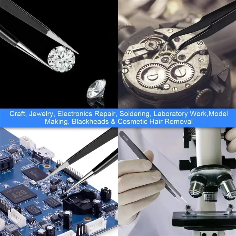 6pcs ESD Stainless Steel Anti-Static Tweezers Precision Electronics Repair Soldering Craft Tools For Watch Jewelry Laboratory