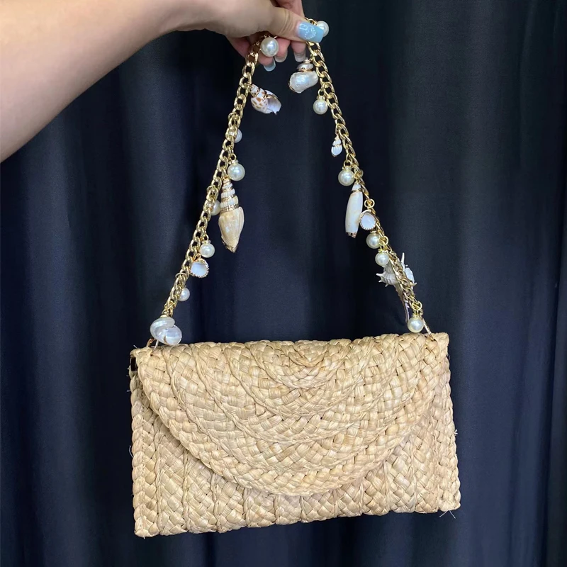 Envelope Weave Straw Bags for Women Luxury Designer Handbags Purses 2024 New In Casual Shell Conch Pearls Chains Beach Shoulder