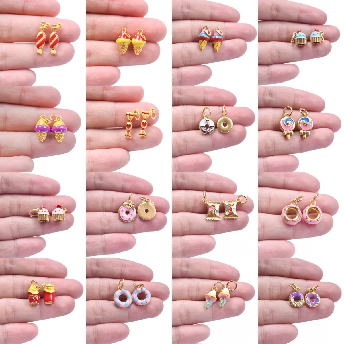 Various 5pcs/lot Snacks Desserts Alloy Charms Bread Ice Cream Donuts Hot Dogs Coffee Hamburger Candy Pendants Necklace Findings