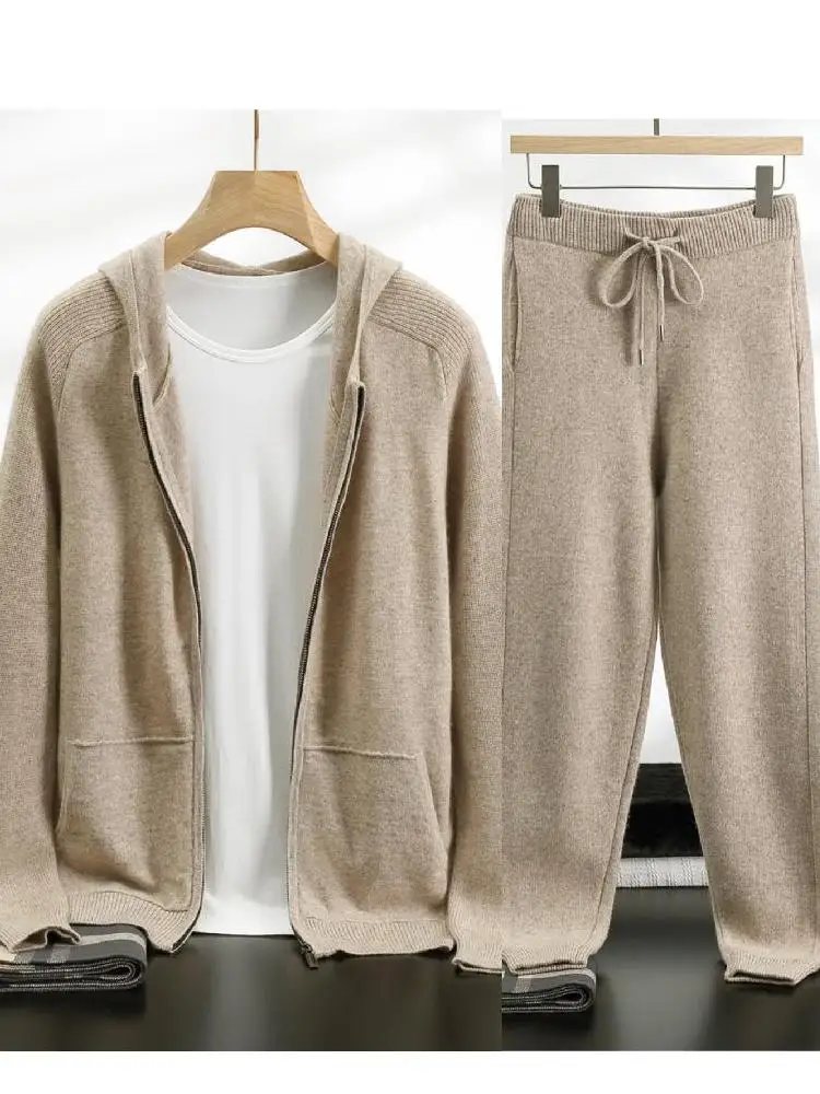 

Men 100% Cashmere Sweater Hooded Zippers Cardigan Pants Sets Thick Autumn Winter Pencil Pants Elastic Waist Casual Knit Trousers