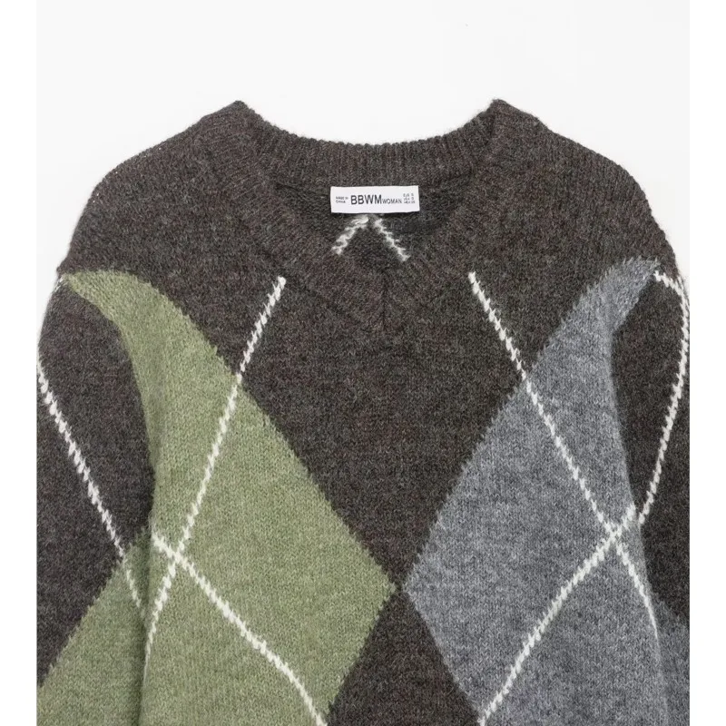 Suéter de punto con patrón de diamante para mujer, jersey informal de moda con cuello en V, suéteres Retro y elegantes para mujer