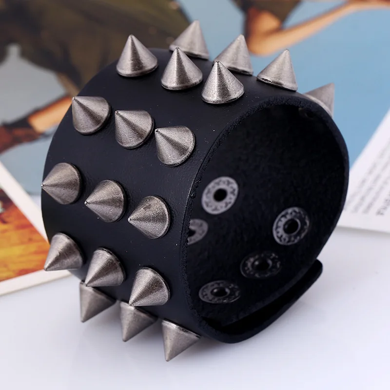 Punk rock rivet spike accessories genuine leather bracelet