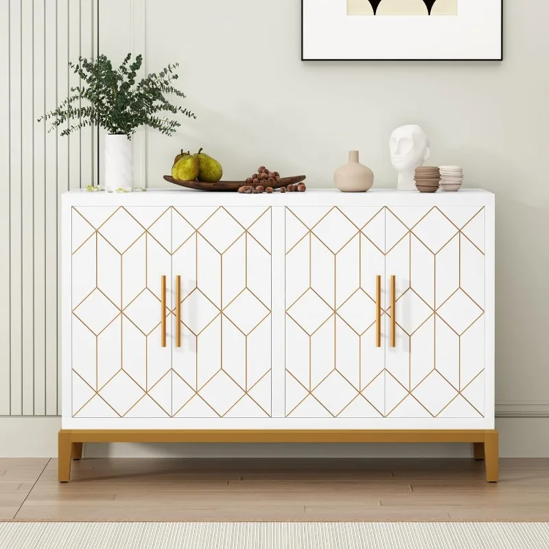 

Accent Cabinet with 4 Doors and Shelves, Freestanding Sideboard Buffet Cabinet with Gold Lines, Modern Credenza Storage Cabinet