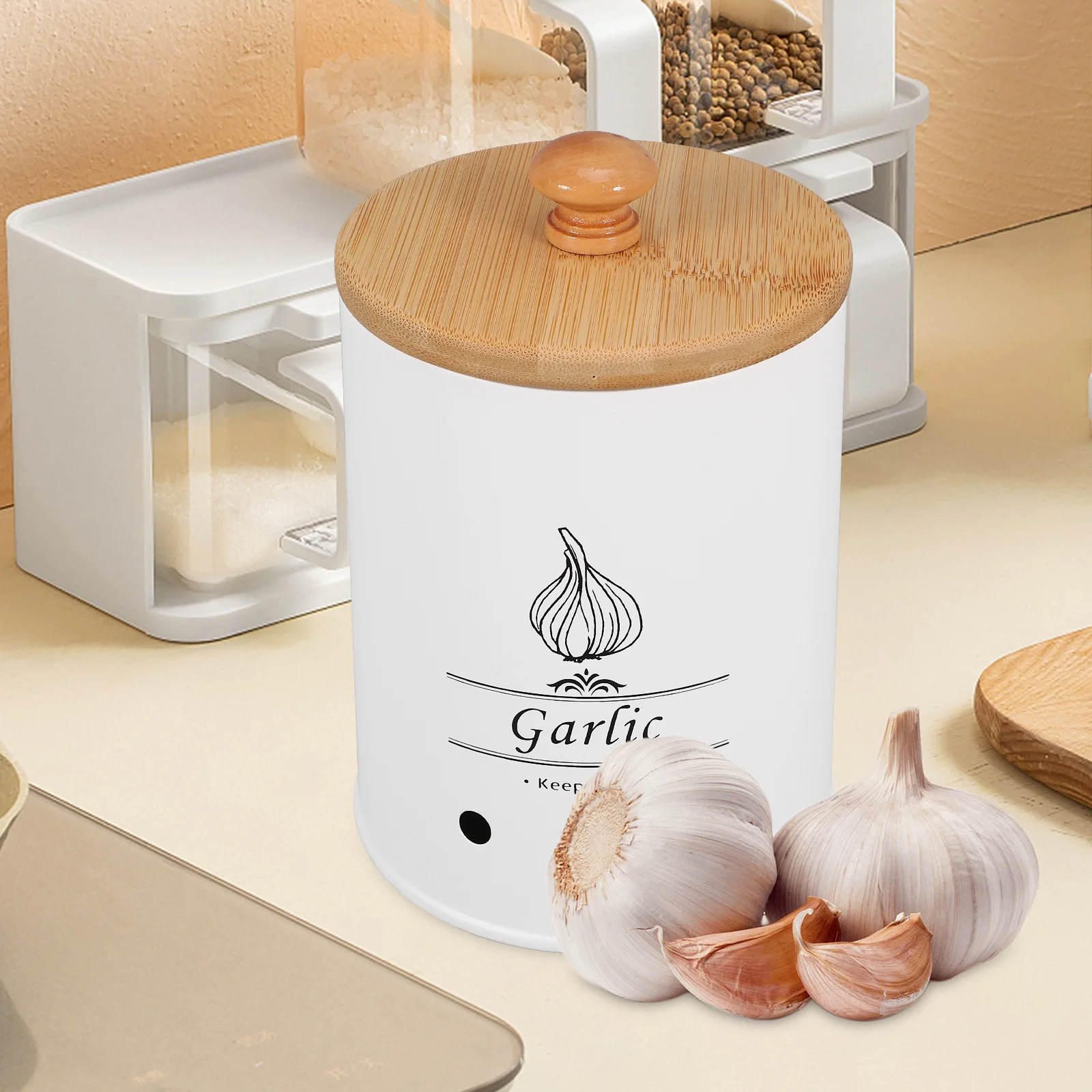 

Multi-Functional Storage Bucket with Bamboo Lid Kitchen Garlic Ginger Storage Container Organizer for Home Restaurant Hotel