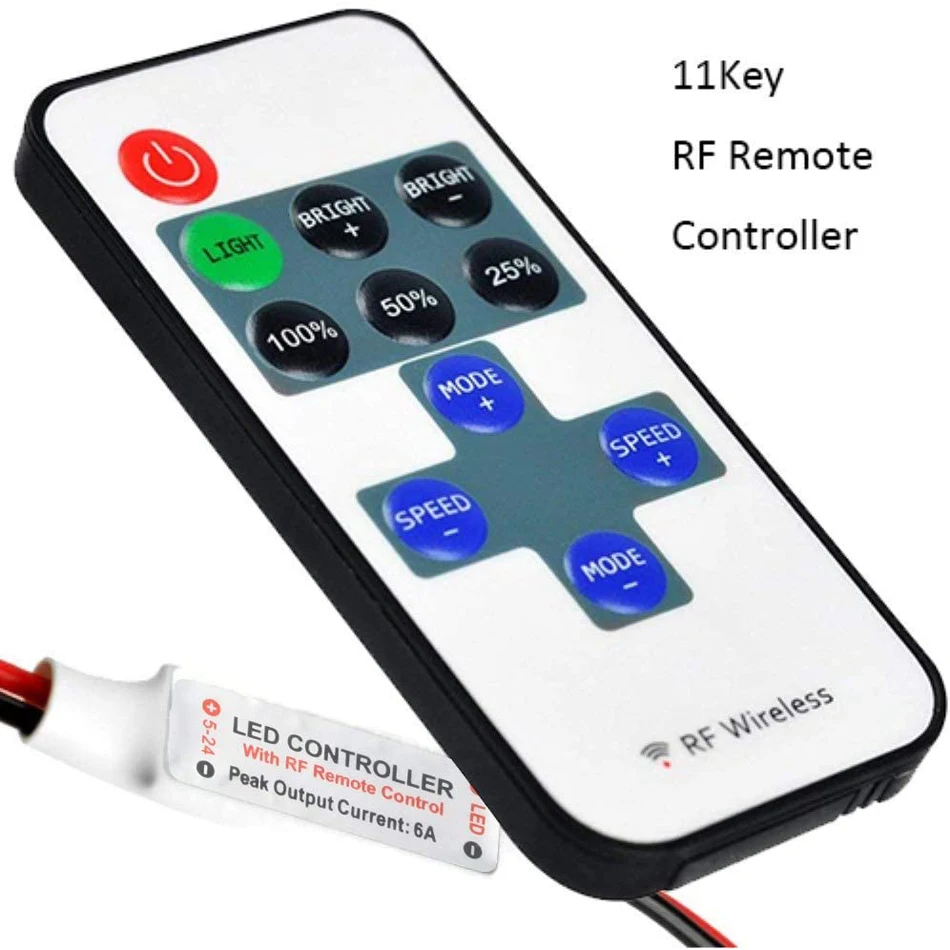 11 Key RF Mini Wireless Remote Controller with DC Connector for Single Color 3528 5050 LED Strip Lights