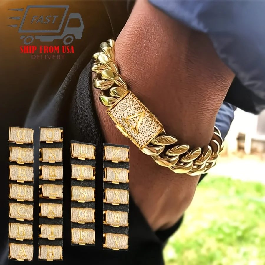 

Браслет-цепочка кубинского плетения 14 мм, позолоченный 18-каратным золотом, из нержавеющей стали, в стиле панк, массивный, увеличенный размер. Мужской браслет с буквами A-Z