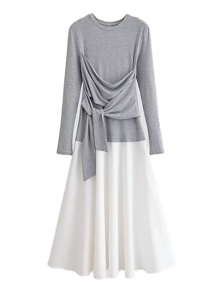 

HH Women 2026 Spring Fashion Crew Neck Bow Patchwork Long Dress Female High Street Casual Commuting Versatile Long Sleeve Dress