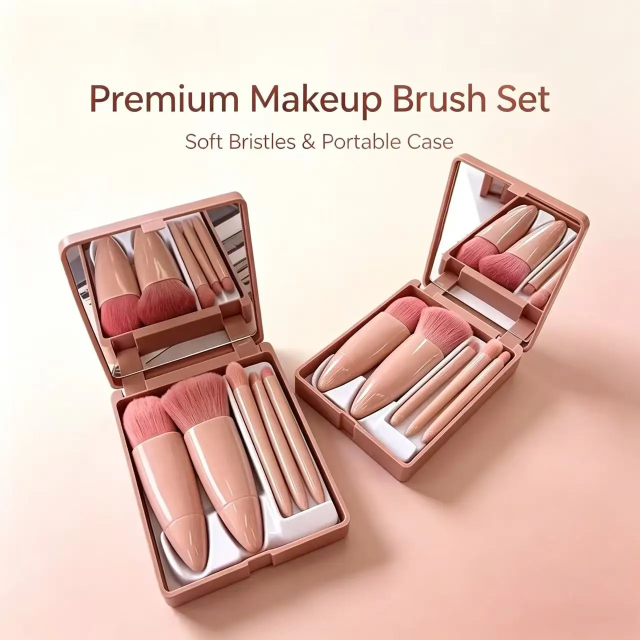 5Pcs Mini Portable Makeup Brush Set with Mirror Foldable Travel Kit - Compact Cosmetic Brush Set for On-the-Go Beauty