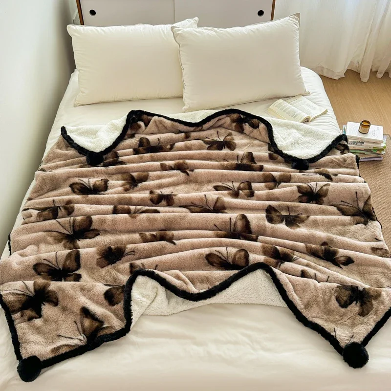 New Fall Winter French Retro Print Multifunctional Throw Blanket Thick Warm Imitation Rabbit Nap Blankets Soft Cozy Sofa Blanket
