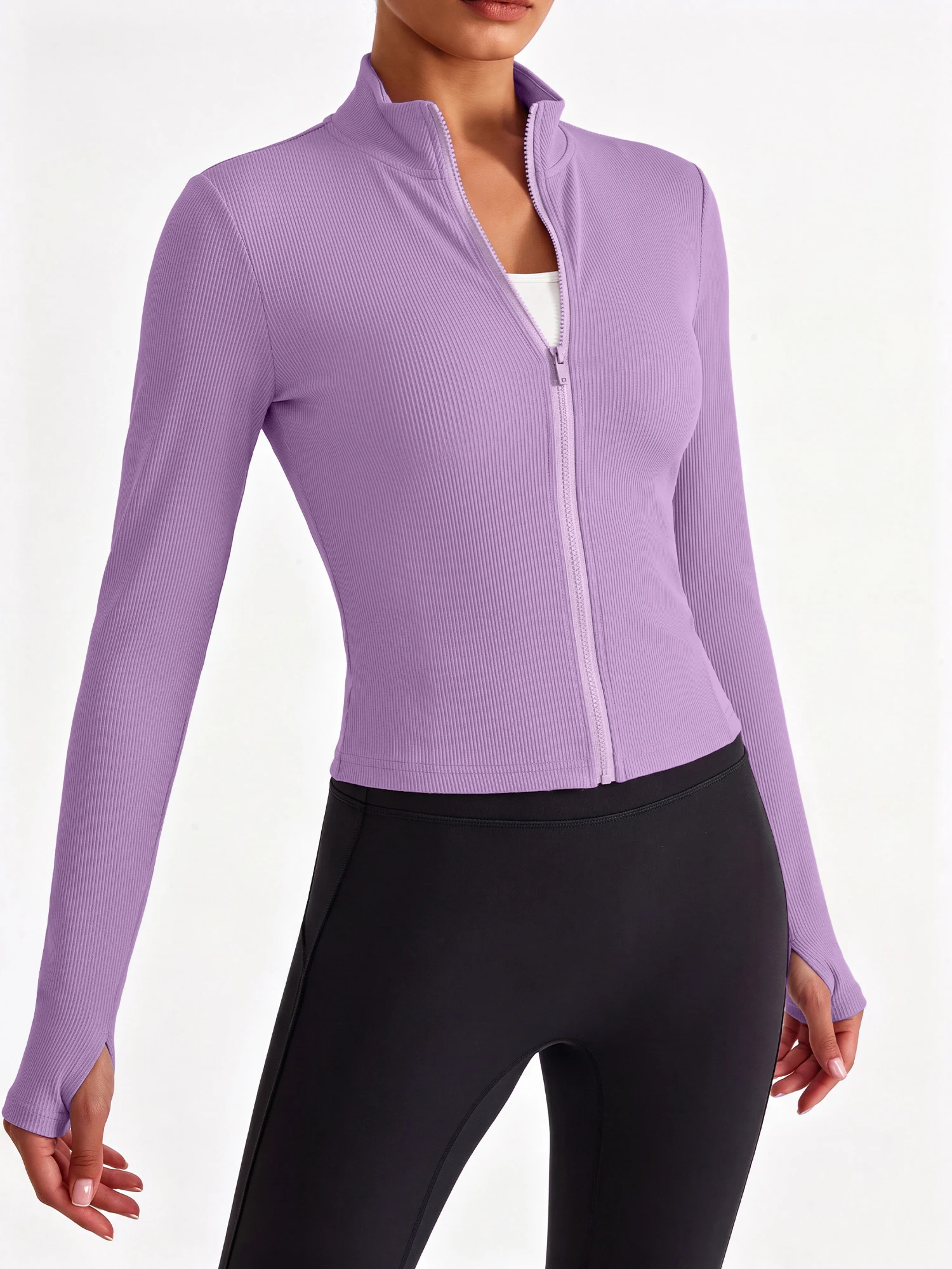 Solid Color Ribbed Women Long Sleeve Jacket Stand Collar Zip Up Slim Fit Cropped Casual Outerwear