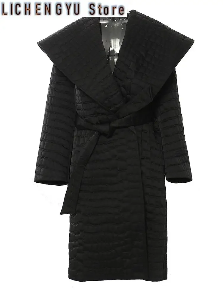 

Black Big Size Belted Warm Cotton-padded Coat Lapel Long Sleeve Women Parkas Fashion Tide New Autumn Winter