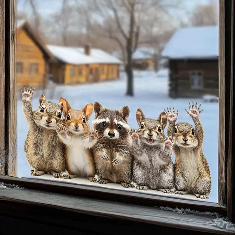 [Cute Forest Animal Window Stickers Squirrel & Raccoon Waving Glass Art Decals For Home Living Room Bedroom]