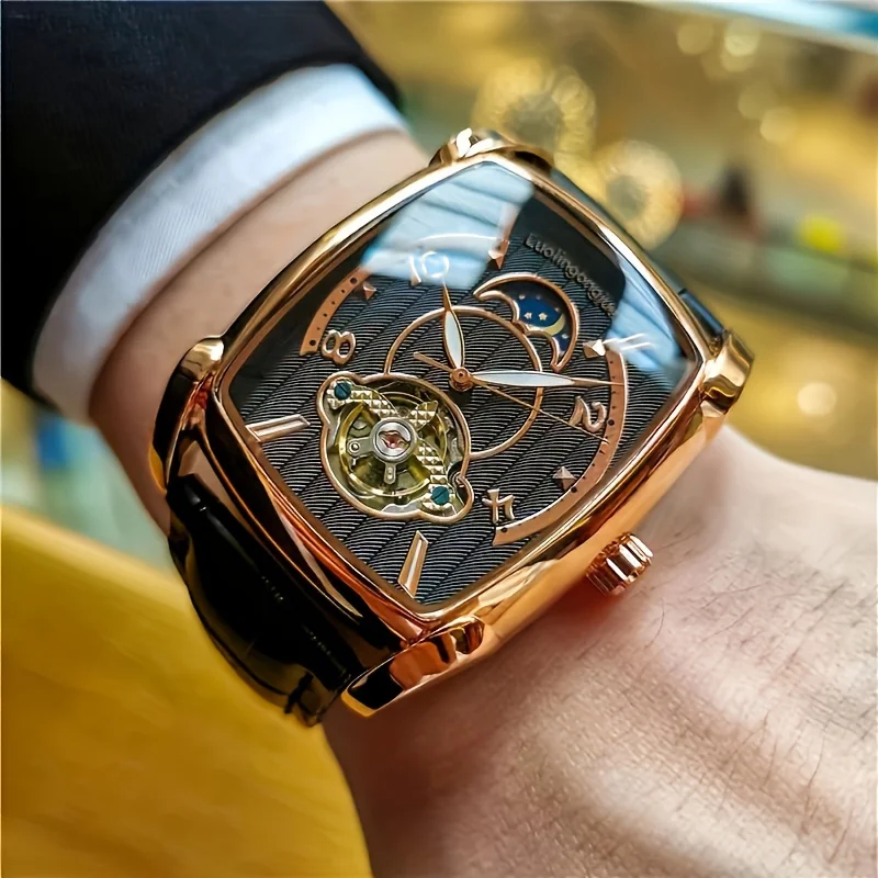 [Luxury Tourbillon Mechanical Watch] Lightweight Luxury Tourbillon Mechanical Watch for Men - Fully Automatic High-End Fashion Trend Skeleton Business Casual Men's Wristwatch - Sun, Moon, Stars, Barrel-Shaped, Grand Dial Design, the Best Gift for Him, No Batteries Needed