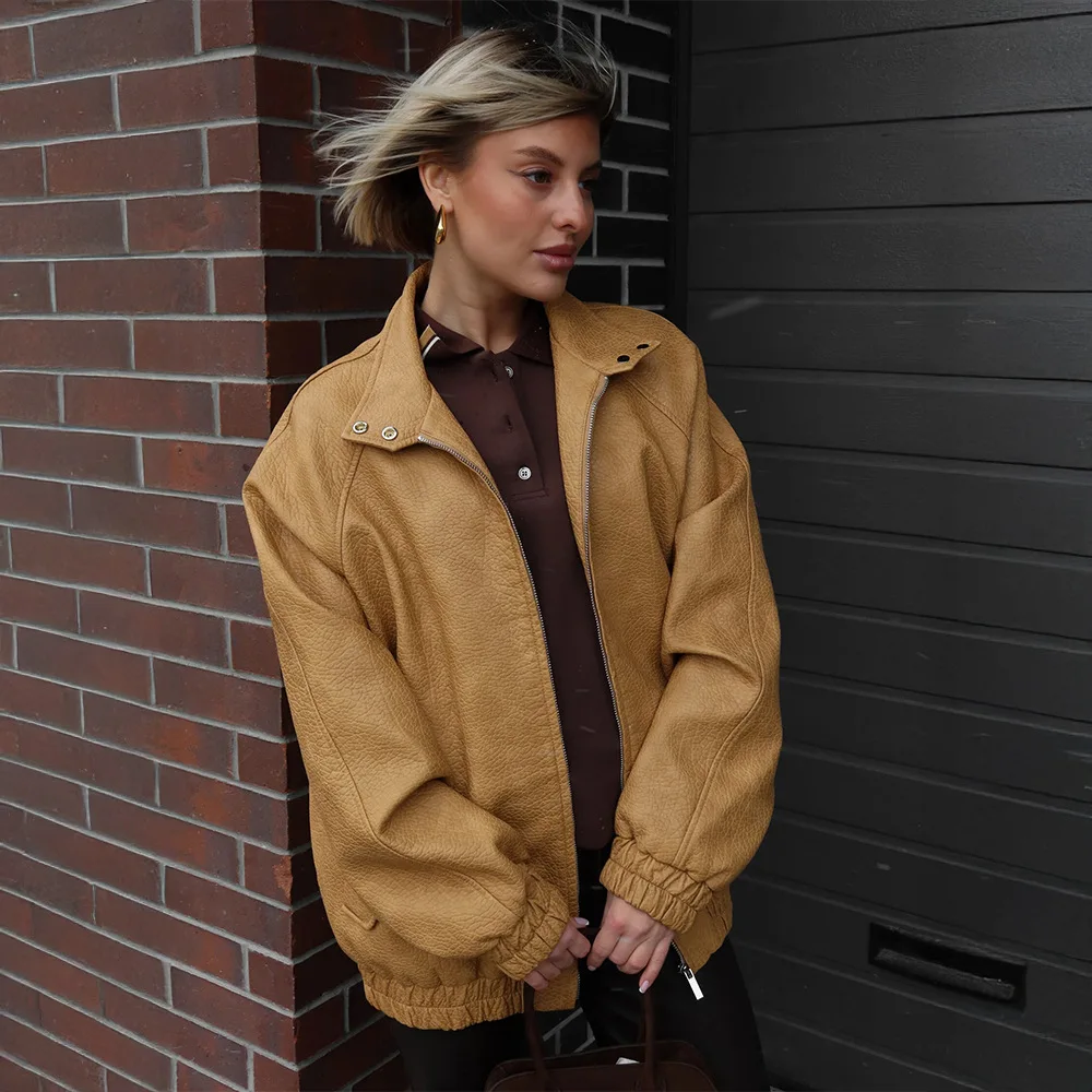 

Vintage Women's Autumn Leather Jacket Turn Down Collar Zipper Fly Elastic Cuff Pu Leather For Lady High Street Female's Outwear