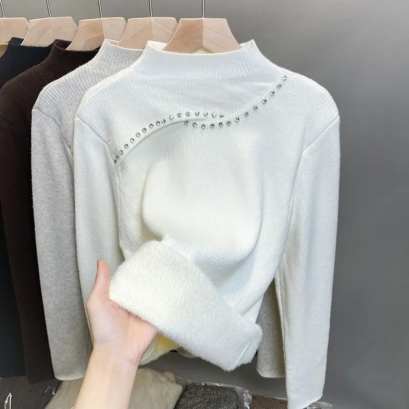 

Women Clothes Slim Solid Color Wool Liner Knitwear Wome Women Autumn Winter Trend Casual Diamonds Knitting Pullover Sweater Tops