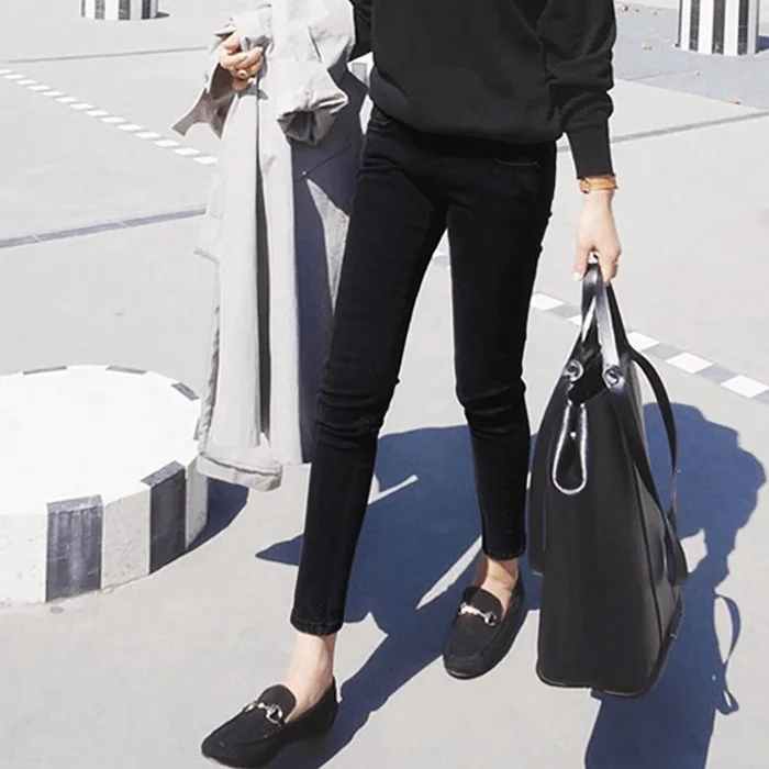 Trendy Slim Fit Jeans Women's High Waist Cotton Stretch Denim Spring Autumn New Style Student Fashion Small Size Nine Points