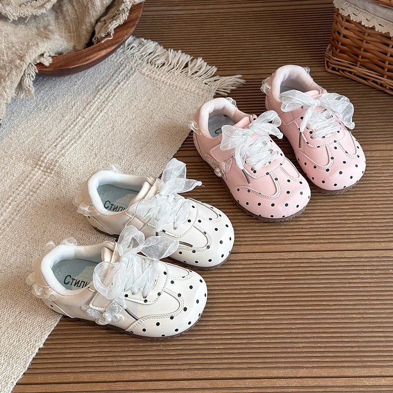 Kids'Casual Shoes PU Leather Polka Dot Autumn Flat Shoes For Children Anti-slip Breathable Whiter Pink Shoes Size 23-34