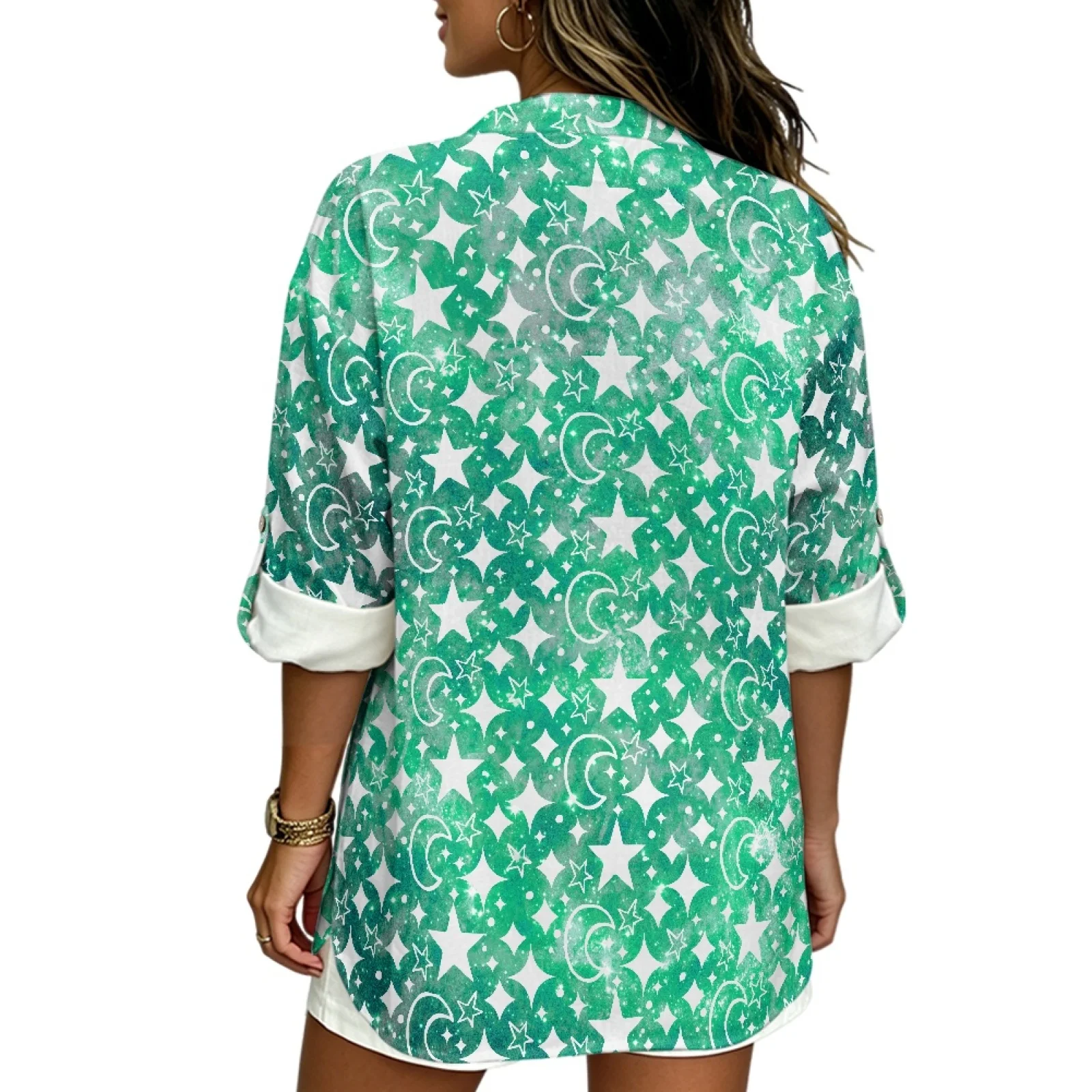 PENSTROLL Stars Moon Trendy Women's Long Sleeve Shirts for Ladies Linen Like Long Sleeve Tops for Women Tunic Tops for Women
