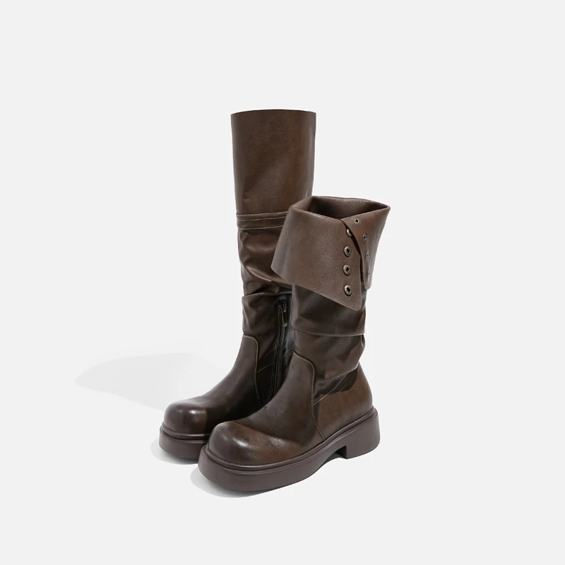 Foldable Pleated Long Leg Auntie Boots Thick Bottom High Top Knight Boots Women Casual Fashion Boots Ultrafine Fiber Lined Ru...