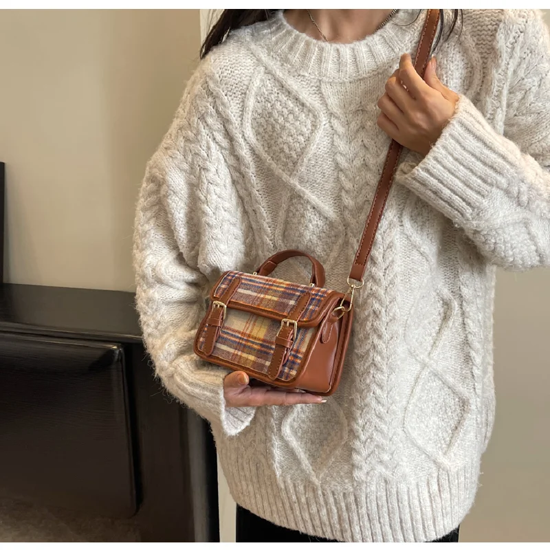 Most Popular Women Crossbody Bag Vintage Houndstooth Stachel Shoulder Bag Korean Plaid Messenger Purse Girls Black Phone Handbag