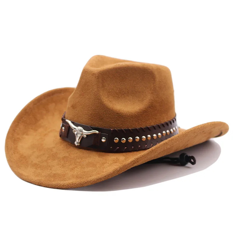Western cowboyhoed met stierenkopnieten, gebogen rand, winddicht koord en vilt, geschikt voor buitenritten en jazzhoeden.