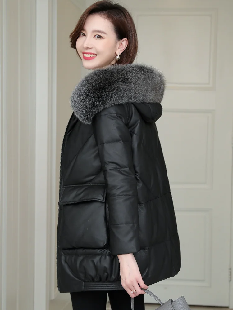 2023 New Fox Fur Collar Hooded Coat Female 85%White Duck Down Women's Down Jacket Real Sheepskin Leather Jackets Women