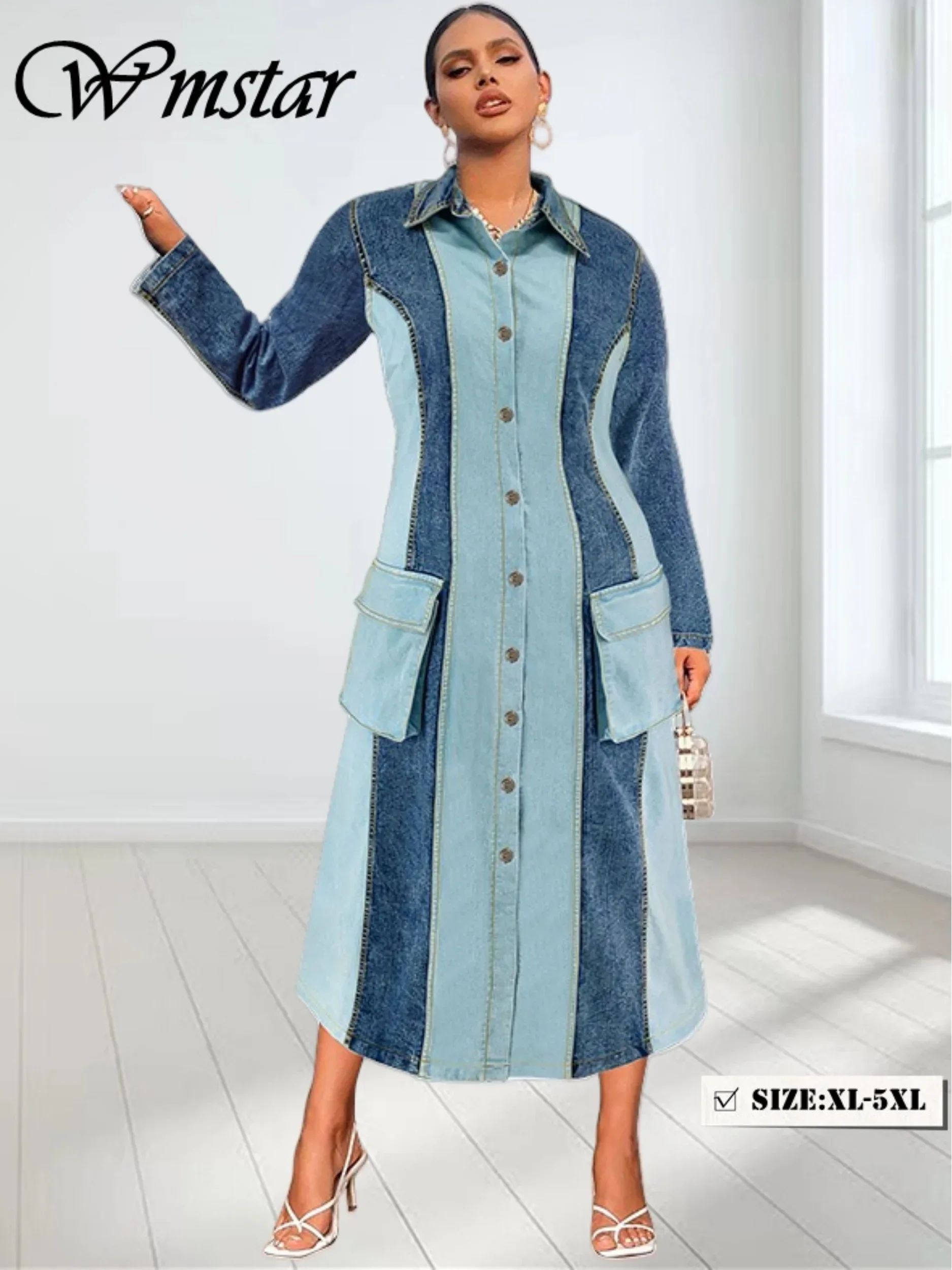 Wmstar Plus Size Denim Dresses Women Long Sleeve Casual Button Pockets Striped Maxi Dress Fall Clothes Wholesale Dropshipping