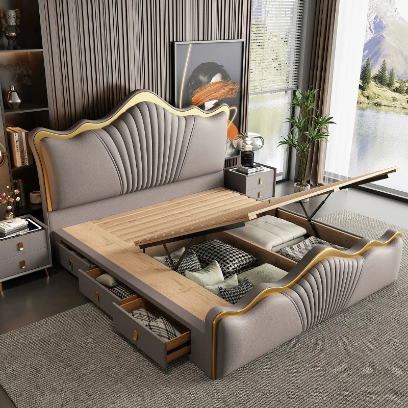 Modern Headboards Bed Bedroom Luxury Leather Queen Double Sleeping Design Bed European Simple Letto Matrimoniale Home Furniture