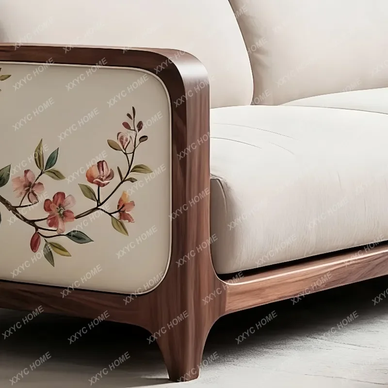 New Mid-Century Style Sofa Black Walnut Wood Print Light Luxury Living Room Reception Straight Sofa