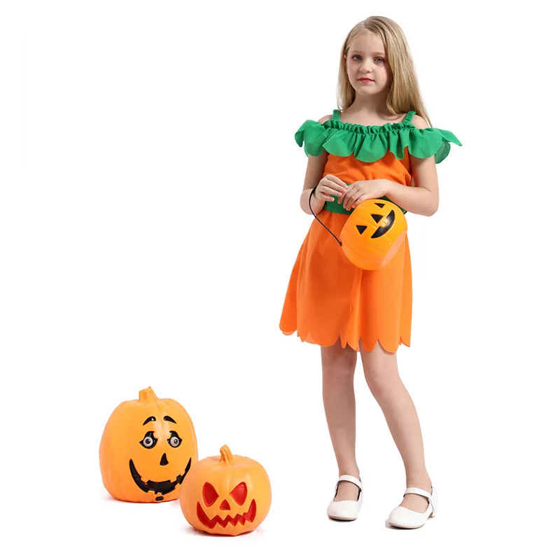 Low Price Fruit Role Cosplay Orange Pretty Pumpkin Dress Costume Funny Halloween Kid Carnival party