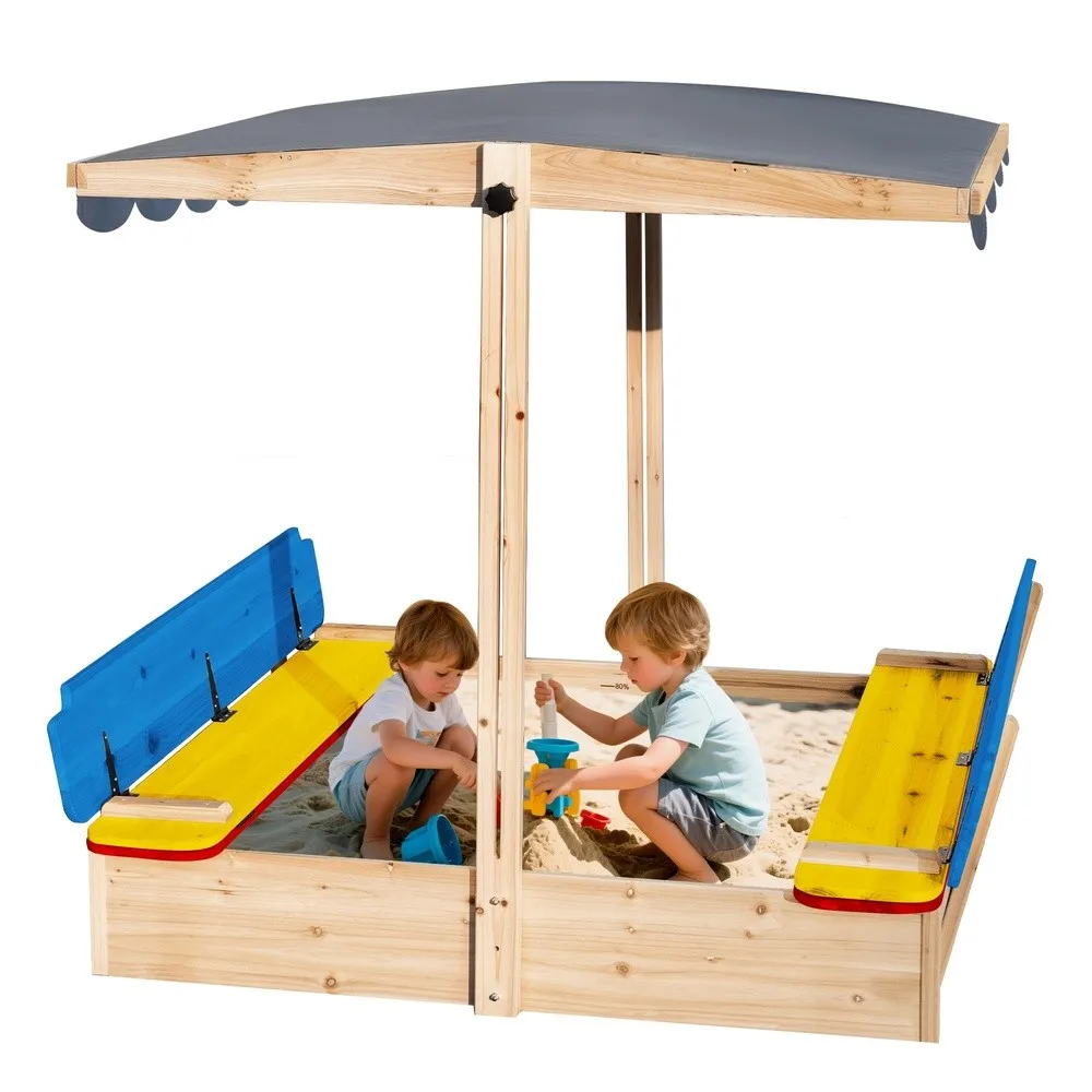 Kids Wooden Sandbox Locking Lid Canopy & Foldable Benches