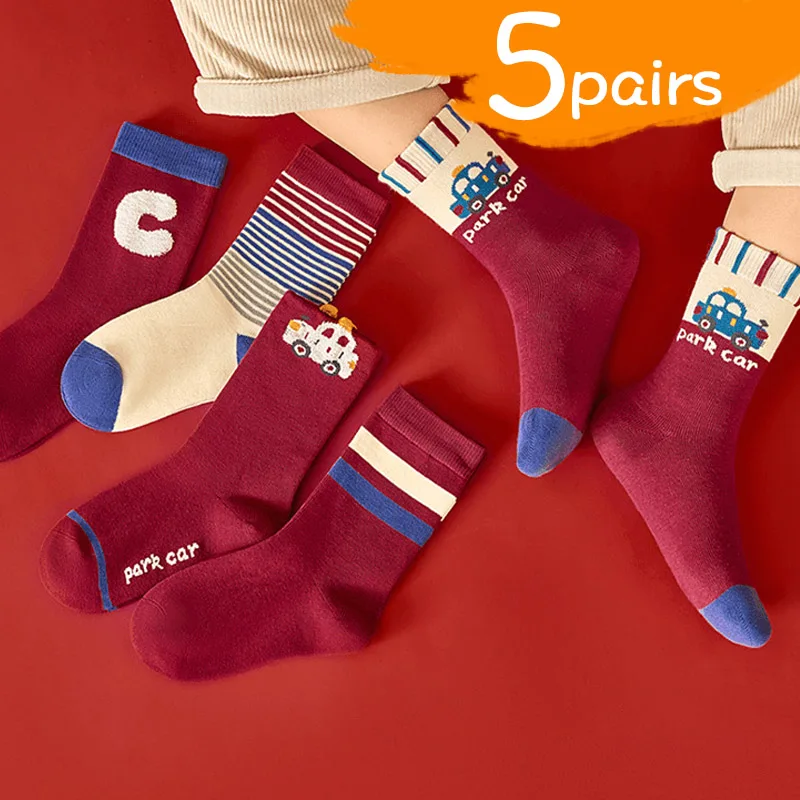 

5Pairs Red New Year Socks for Children Cotton Sock Autumn Winter Warm Middle Tube Socks Cute Cartoon Car Kids Boys Sport Socks