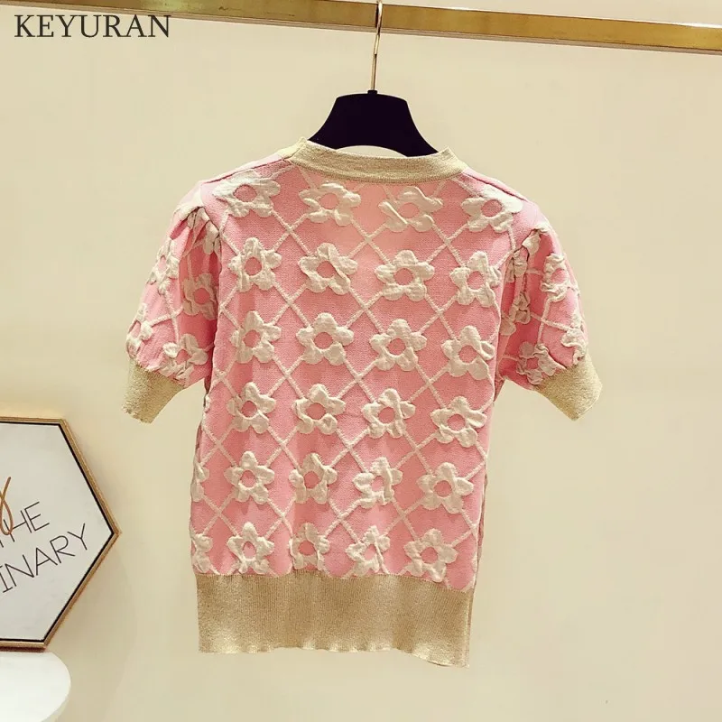 Pink Floral Knitted Cardigan Women Korean Casual V neck Summer Ruff Short Sleeve Thin Single-Breasted Knitwear Corp Tops Female