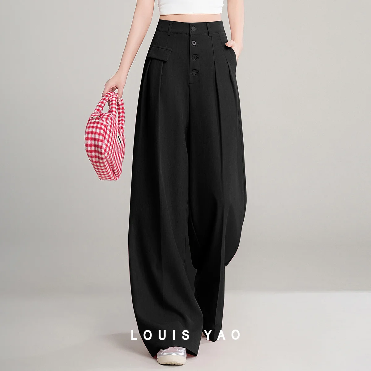 LOUIS YAO Retro Casual Pants 2025 Summer Color Contrast Buckle Hanging Surface Patch Decorative Bag Cover High Waist Pants
