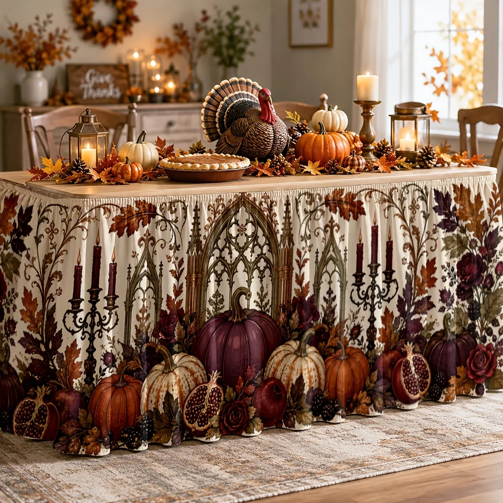 Tablecloth table skirt 1 piece Autumn Harvest Gothic Cathedral Pumpkin Candle Leaves Country Dining Table Decorationzyc