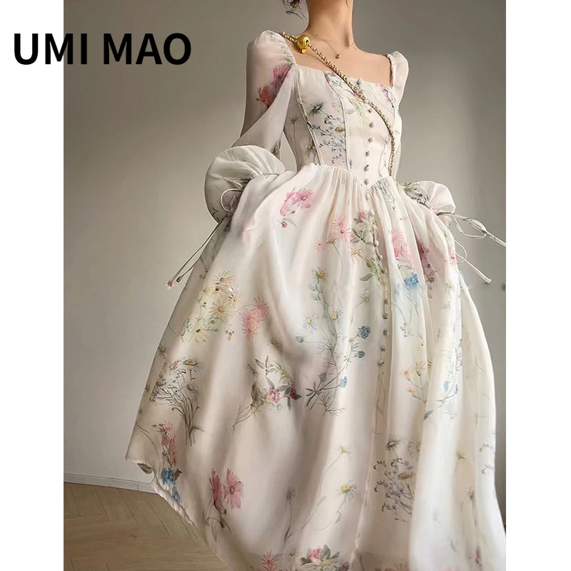 

UMI MAO Harajuku Designer French Dress Fishbone Thin Print First Love Fairy Tea Break Long Dresses Female Spring New Style