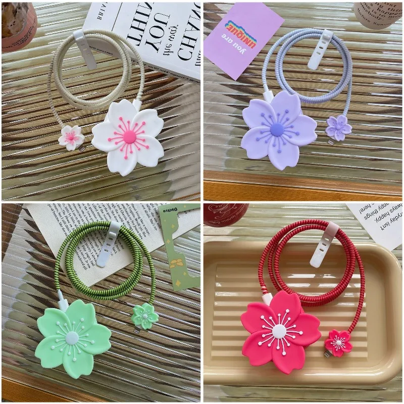 Funda 3D suave para iPhone 18/20W con diseño de flores de cerezo, cable USB de carga rápida color caramelo, funda protectora con organizador de cables.